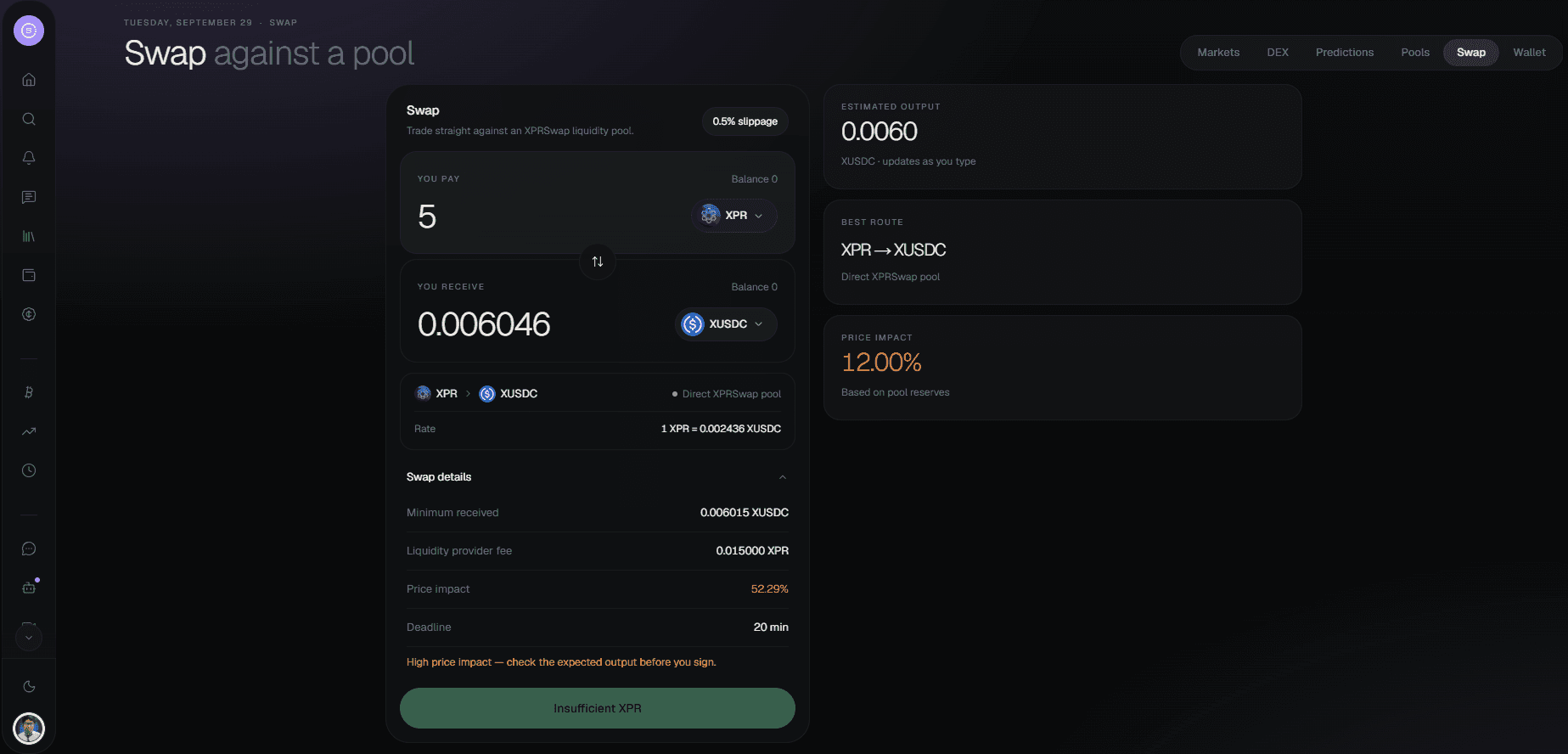 AMM swap interface with slippage controls and price impact