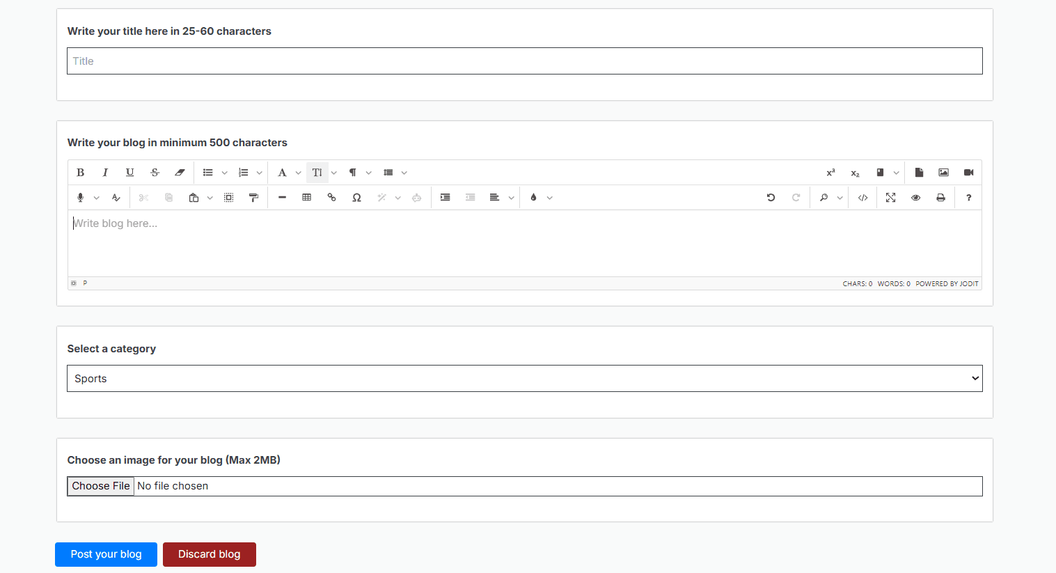 Blog writing interface with rich text editor