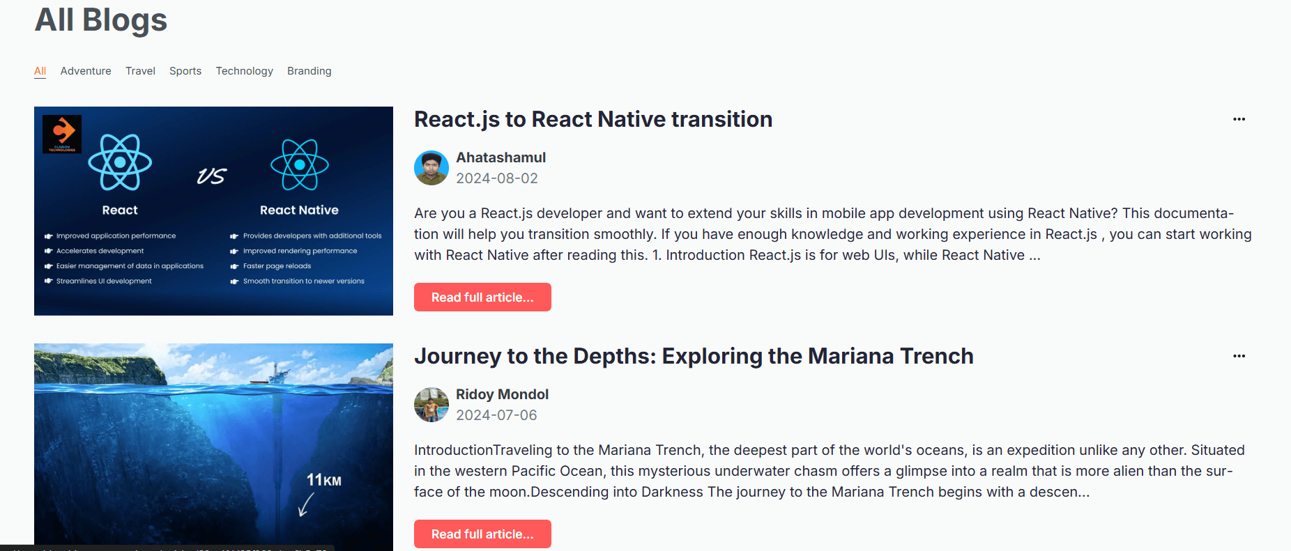 Blog listing page with post cards and filters
