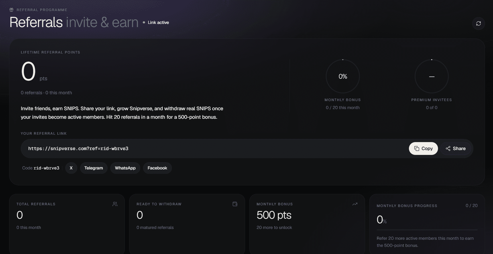 Referral dashboard with unique link, sign-up tracking, and rewards